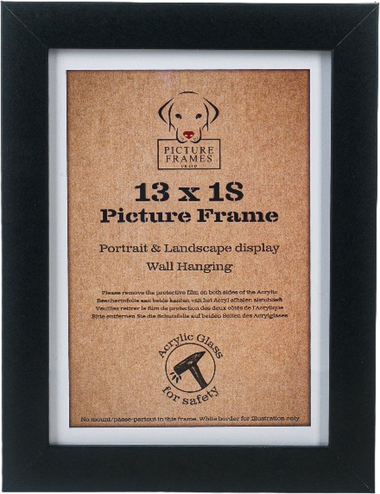 Zwarte fotolijst 13x18 cm met witte passe-partout en bruine inleg met hondlogo.