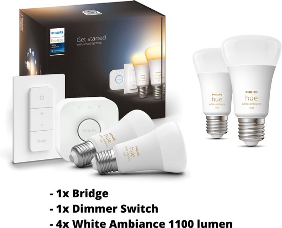 PHILIPS HUE Starterspakket E27 met 2 Standaard Lampen Wit | Incl. 1 Hue