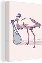 Canvas schilderij 120x160 cm - Wanddecoratie Kinderillustratie van een ooievaar met een baby - Muurdecoratie woonkamer - Slaapkamer decoratie - Kamer accessoires - Schilderijen