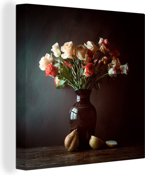 Canvas schilderij 20x20 cm - Wanddecoratie Bloemen - Rozen - Stilleven - Muurdecoratie woonkamer - Slaapkamer decoratie - Kamer accessoires - Schilderijen op canvas