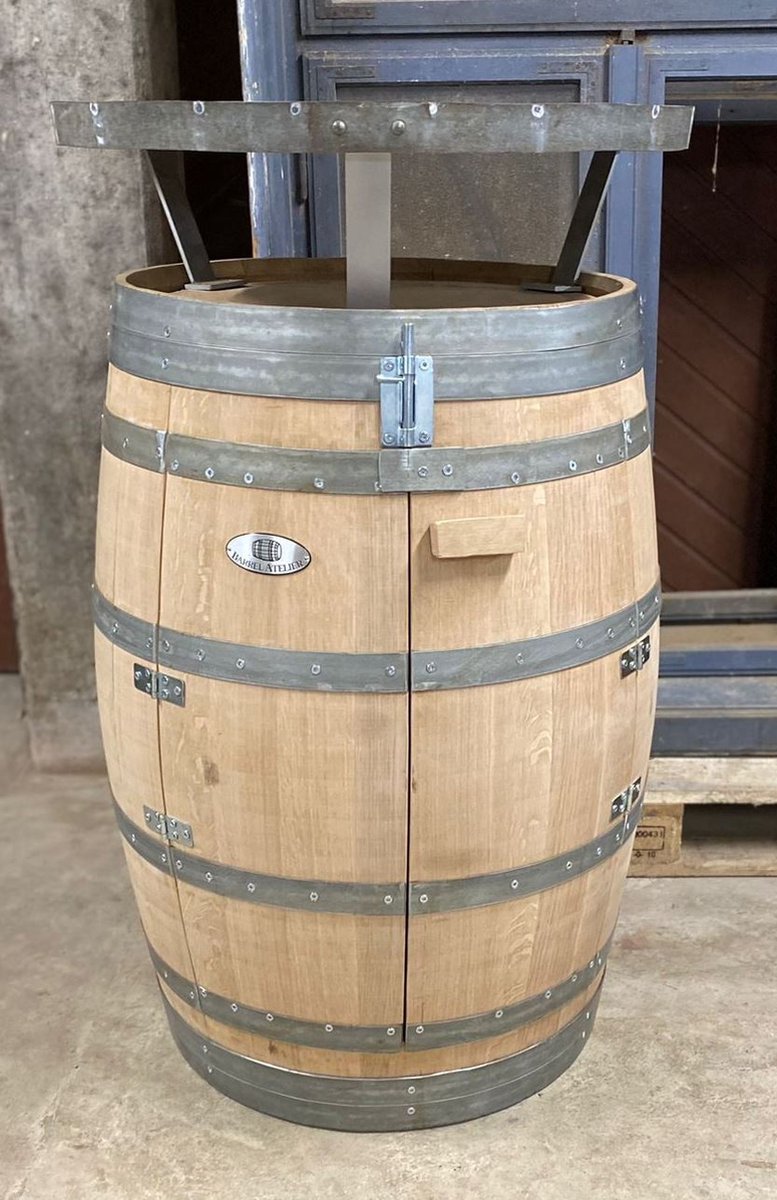 BarrelAtelier Statafel incl. kast "Ruby" incl. deuren - Eikenhout - Wijnkast - Bartafel - Drankkast - Opbergkast - Wijn - Drank - "Perfect voor Wijnopslag of Mini-Bar" Houtkleur geschuurd