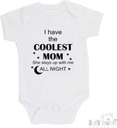100% katoenen Romper "I have the coolest mom She stays up with me all night" Unisex Katoen Wit/zwart Maat 62/68