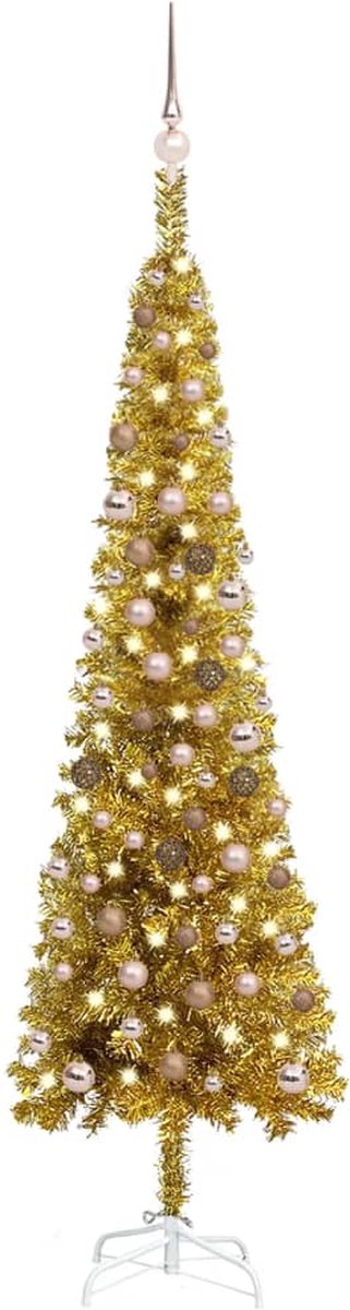 Prolenta Premium - Kerstboom met LED's en kerstballen smal 210 cm goudkleurig