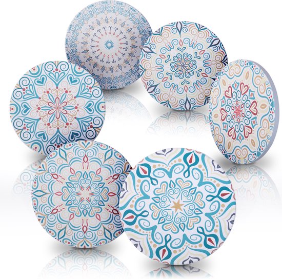 Amazy Keramische Onderzetters - Set van 6, ronde | Decoratieve Boho Onderzetters met keramisch oppervlak en kurkbodem voor glas, beker en mok - anti-slip, hittebestendig en stijlvol