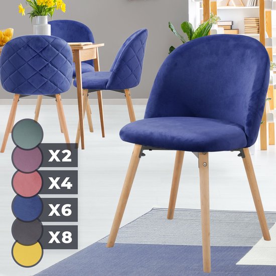 MIADOMODO-4 chaises de salle à manger - bleu royal - assise velours -  tapissée - pieds... | bol