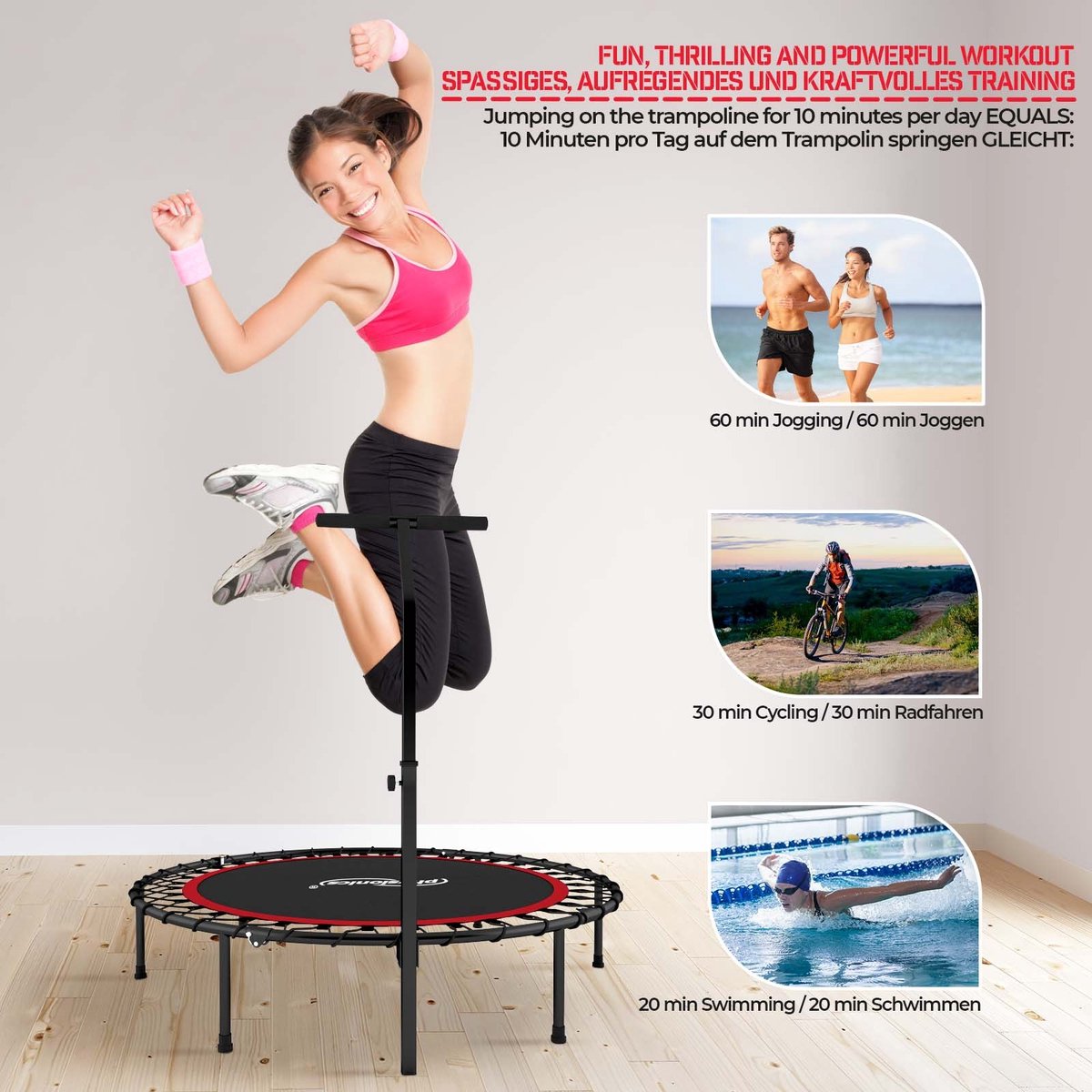 Mini Trampoline De Fitness Physionics - Pliable Avec Poignée Réglable 101cm - Jusqu'à 120kg - Intérieur Extérieur