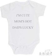 100% katoenen Romper "I'm cute Mom's hot Dad's lucky" Unisex Katoen Wit/grijs Maat 62/68