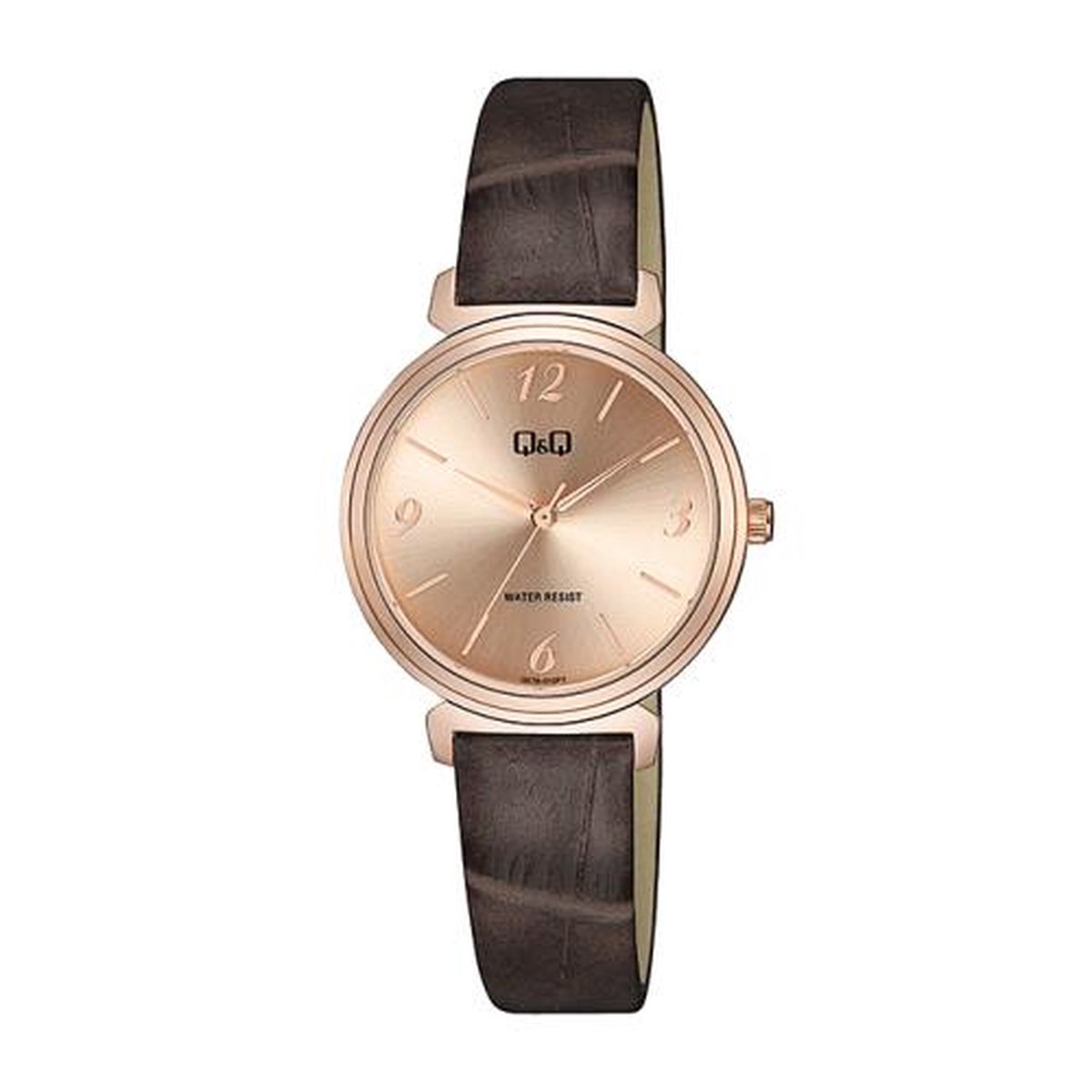 QQ Q27B-012PY - Horloge - Vrouwen - Dames - Leren band - Rond - Metaal - Streepjes - Bruin - Rosékleurig