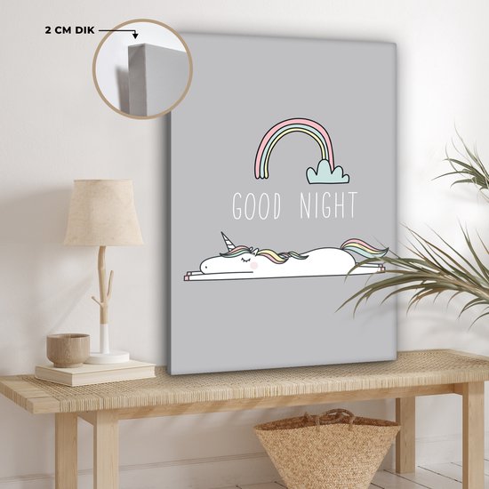 Peinture sur toile Licorne - Citations - Bonne nuit - Licorne - Texte - Arc-en-ciel - Dictons - Décoration murale filles - Décoration chambre d'enfant - 60x90 cm