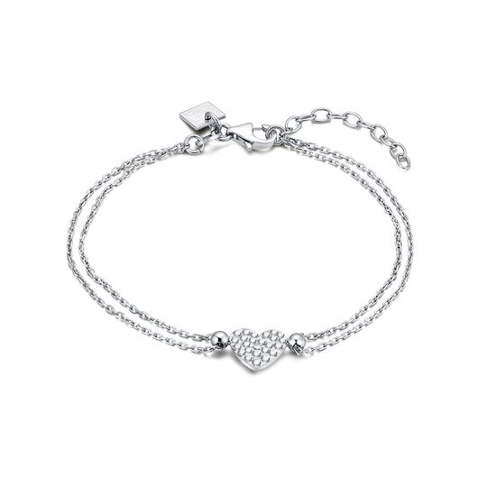 Bracelet Twice As Nice en argent, double chaîne, coeur, cristaux blancs 17 cm+3 cm