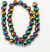 Perles en pierre naturelle, hématite, perles rondes d'un diamètre de 8 mm, galvanisées avec des couleurs arc-en-ciel. Vendu par cordon d'environ 40 cm