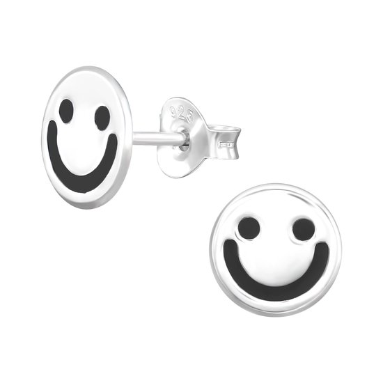 Joy|S - Zilveren smiley oorbellen - 8 mm - zilver met zwart emoji smiley