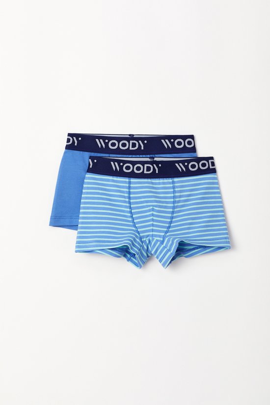 Woody duopack boxershort jongens – blauw gestreept + effen – 231-1-CLD-Z/017 – maat 176