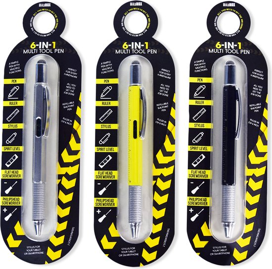 MikaMax 6 in 1 Multitool Pen - Handy Pen - Toolpen - Liniaal - Waterpas - Kruiskop en Plattekop Schroevendraaier - Zwart