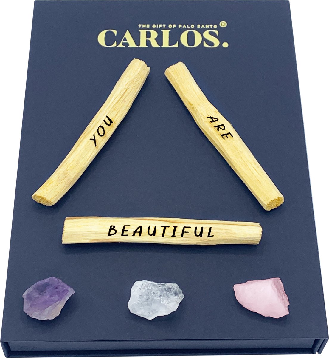 Luxe giftset PALO SANTO met gegraveerde boodschap YOU ARE BEAUTIFUL + 3 edelstenen: amethist, bergkristal, rozenkwarts.