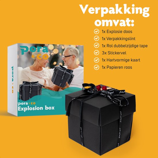 Zwarte explosiedoos met lint en rozen, naast een doos met Pora&Co Explosion Box logo.
