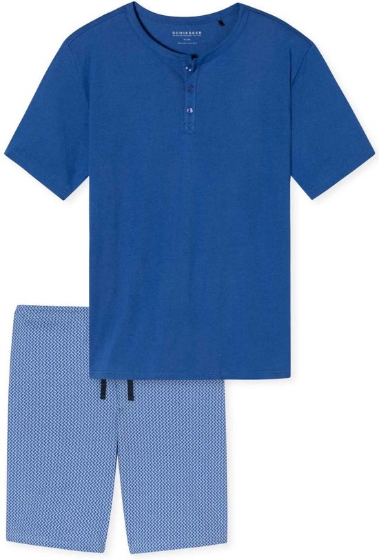 SCHIESSER Fashion Nightwear shortamaset - heren shortama biologisch katoen knoopsluiting visgraatpatroon aqua - Maat: XL