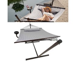 Vita5 Hangmat met Standaard en Spreidstok – 2 Persoons – incl. Bekerhouder - Afneembaar kussen – uv-bestendig – Lichtgrijs Vita5 Hangmat met Standaard en Spreidstok – 2 Persoons – incl. Bekerhouder - Afneembaar kussen – uv-bestendig – Lichtgrijs