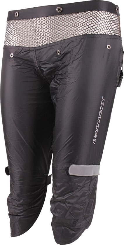 Zwarte Rainlegs legging met een grijs net bovendeel en reflecterende band.