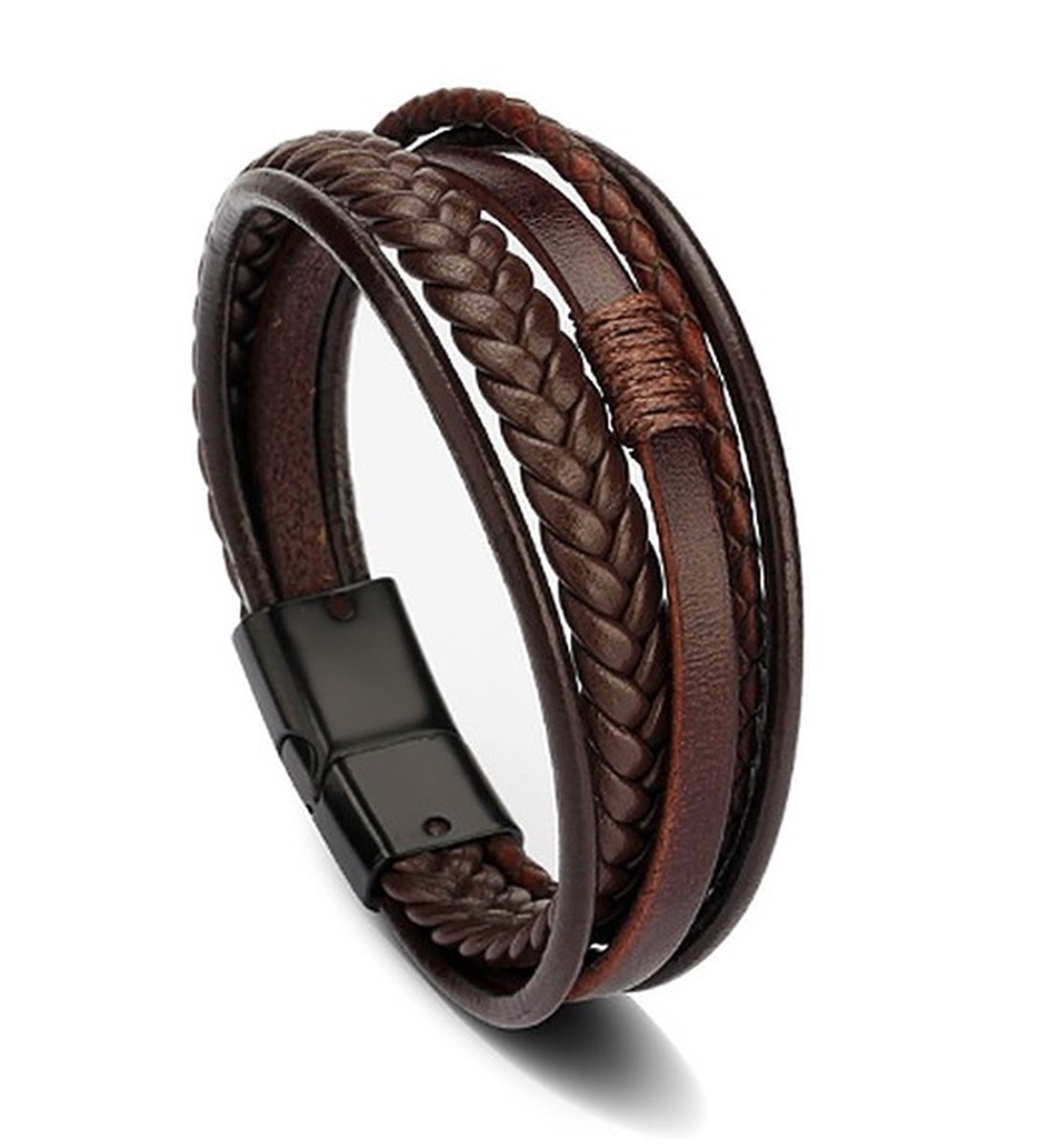 TVR-Wares® | Gevlochten Lederen Multilayer Armband Bruin | Schuifsluiting | Maat M | 20cm