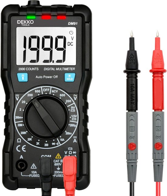 Dekko Tools Digitale Multimeter - AC / DC - Incl. Batterij & Kabels- Multi Meter - Slimme Spanningsmeter met Leidingzoeker