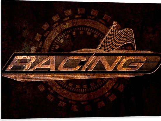 Dibond - Logo met ''Racing'' en Race Vlag - 80x60 cm Foto op Aluminium (Wanddecoratie van metaal)