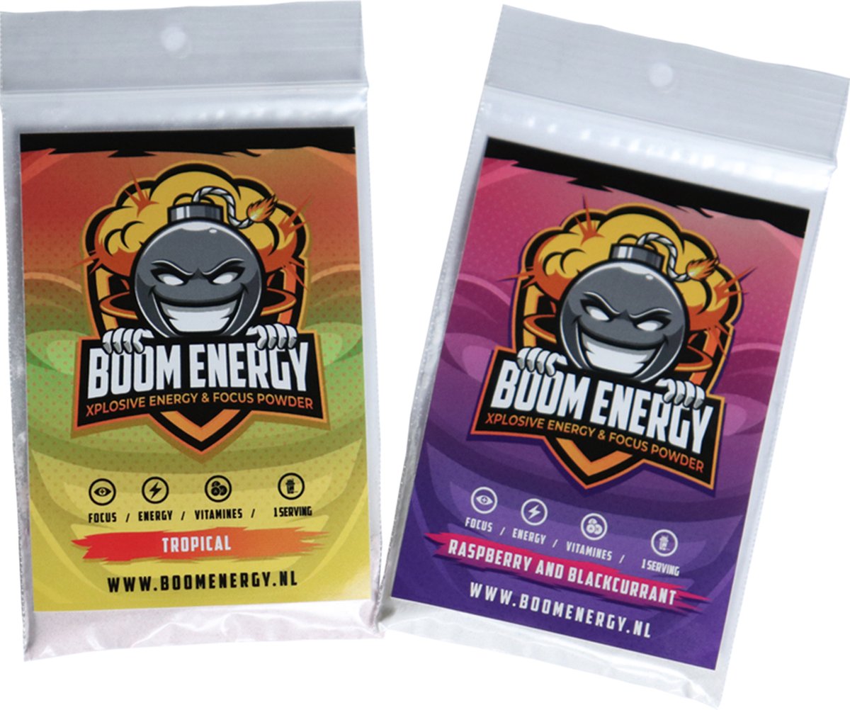 Boom Energy Samples - Tropical en Framboos & Zwarte bes - Suikervrije Gaming Energy drink - Pre workout