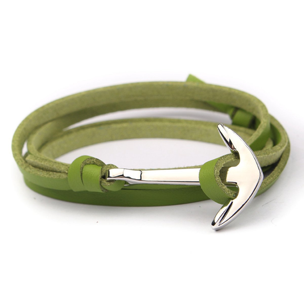 Kungu luxe rope armband voor heren en dames - Leder Groen - Zilveren Anker - Outdoor Milano line - Cadeau - Geschenk - Voor Man - Vrouw - Armbandje - Jewellery