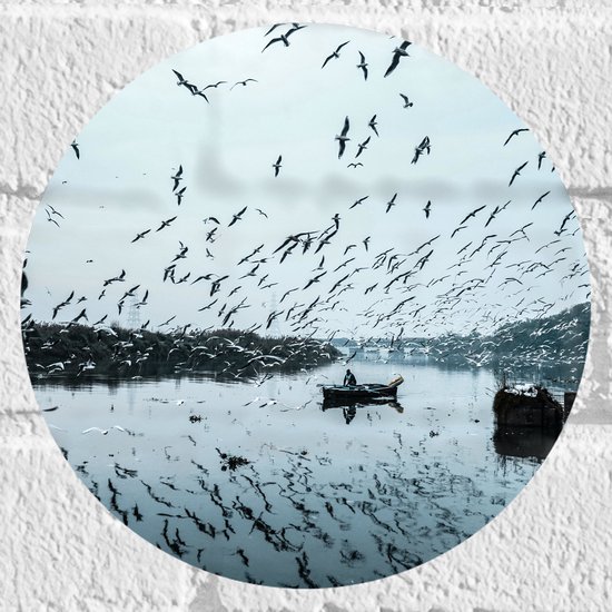 WallClassics - Muursticker Cirkel - Zwerm Vogels boven Rivier - 20x20 cm Foto op Muursticker