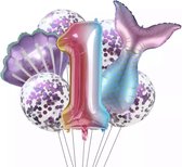 Zeemeermin Verjaardag Set - Leeftijd: 1 Jaar - Zeemeermin / Mermaid Ballonnen - Feestversiering - Verjaardag Versiering - Kleur: Roze / Paars - 7 stuks - Kinderfeestje - Meisje Verjaardag Versiering - Feestpakket - Hoge kwaliteit