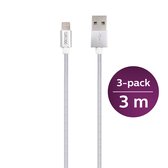 3x 3 meter Grixx Optimum 8-pin Lightning ‑ USB A kabel - iPhone/ iPad/ Airpods/ iPod - Wit - Heavy duty nylon mantel (3-Pack)