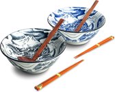Luxe - Ramenbowlset - Draak - 2 Persoons - Ramen bowl set - 6 Delig - Ø22 cm H9 cm - Ramen - Ramen bowl - Noodles - Noodles ramen - Noodle kom - Sushi stokjes - Houten Lepel - Chopsticks - Eetstokjes - Soeplepel - Kom - Schaal - Sushi servies