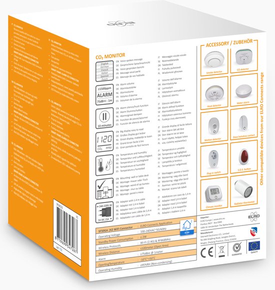 Gedetailleerde informatie over de ELRO CO2 monitor met specificaties, accessoires en compatibiliteit. Productinformatie in meerdere talen.