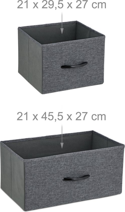 Twee grijze stoffen opbergdozen met handgreep en afmetingen.