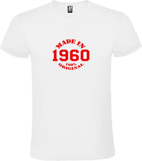 Wit T-Shirt met “Made in 1960 / 100% Original “ Afbeelding Rood Size XS