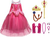Prinsessenjurk - Roze - maat 116/122(120) - Kroon - Toverstaf - Korte Handschoenen - Juwelen - Verkleedkleren Meisje - Carnavalskleding meisje - Cadeau meisje - Kleed - Verjaardag meisje