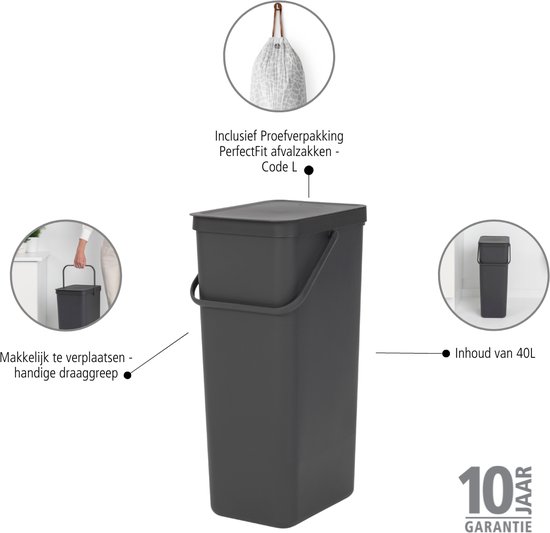 Poubelle Brabantia grise 40L, incluant un emballage d'essai de sacs poubelles. Poignée pratique.