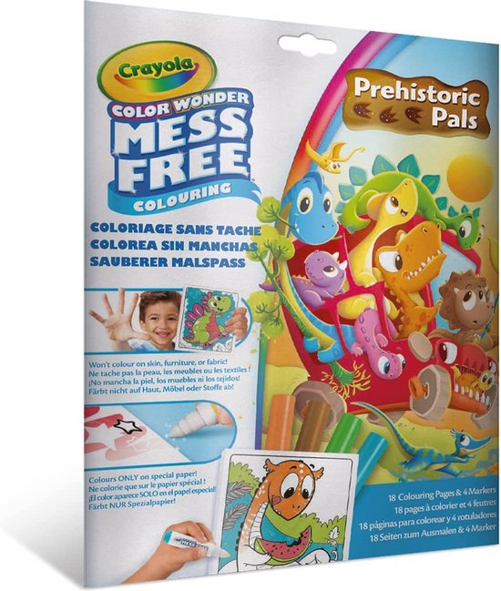 Crayola - Color Wonder - Kleurboek - 18 Kleurplaten met 4 Vlekvrije Stiften - Onderwerp Dinosaurusvrienden
