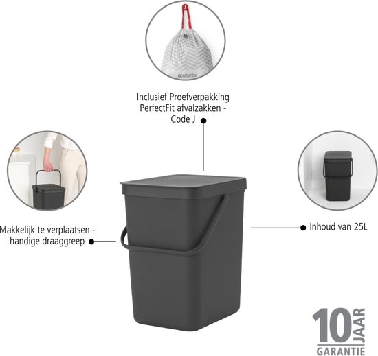 Brabantia Sort & Go poubelle 25 litres - Dark Grey