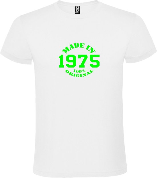 Wit T-Shirt met “Made in 1975 / 100% Original “ Afbeelding Neon Groen Size XS