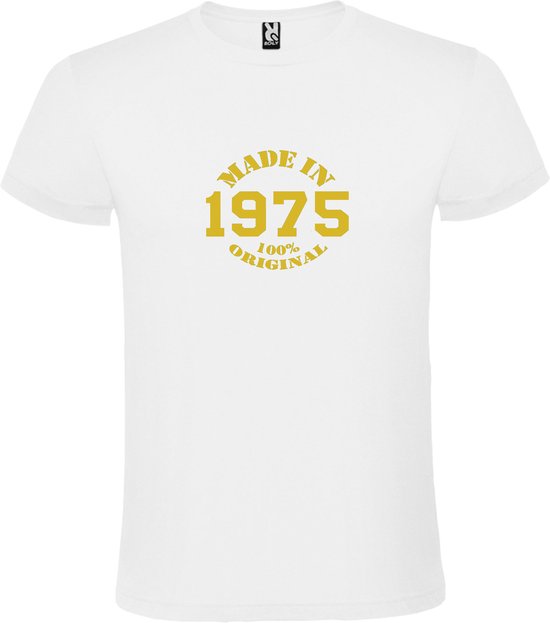 Wit T-Shirt met “Made in 1975 / 100% Original “ Afbeelding Goud Size S
