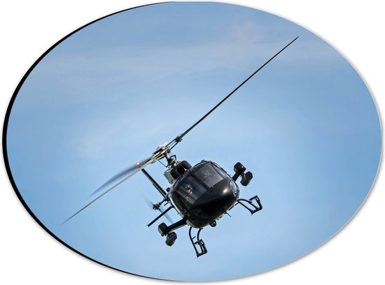 WallClassics - Dibond Ovaal - Zwarte Helikopter bij Blauwe Lucht - 28x21 cm Foto op Ovaal (Met Ophangsysteem)