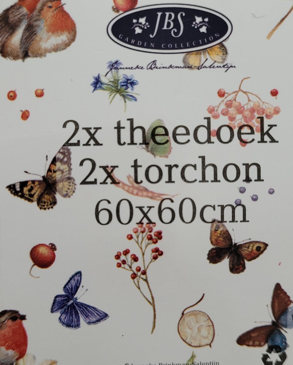 2 x theedoek 60x60 Janneke Brinkman - 100% katoen - vogels en vlinders