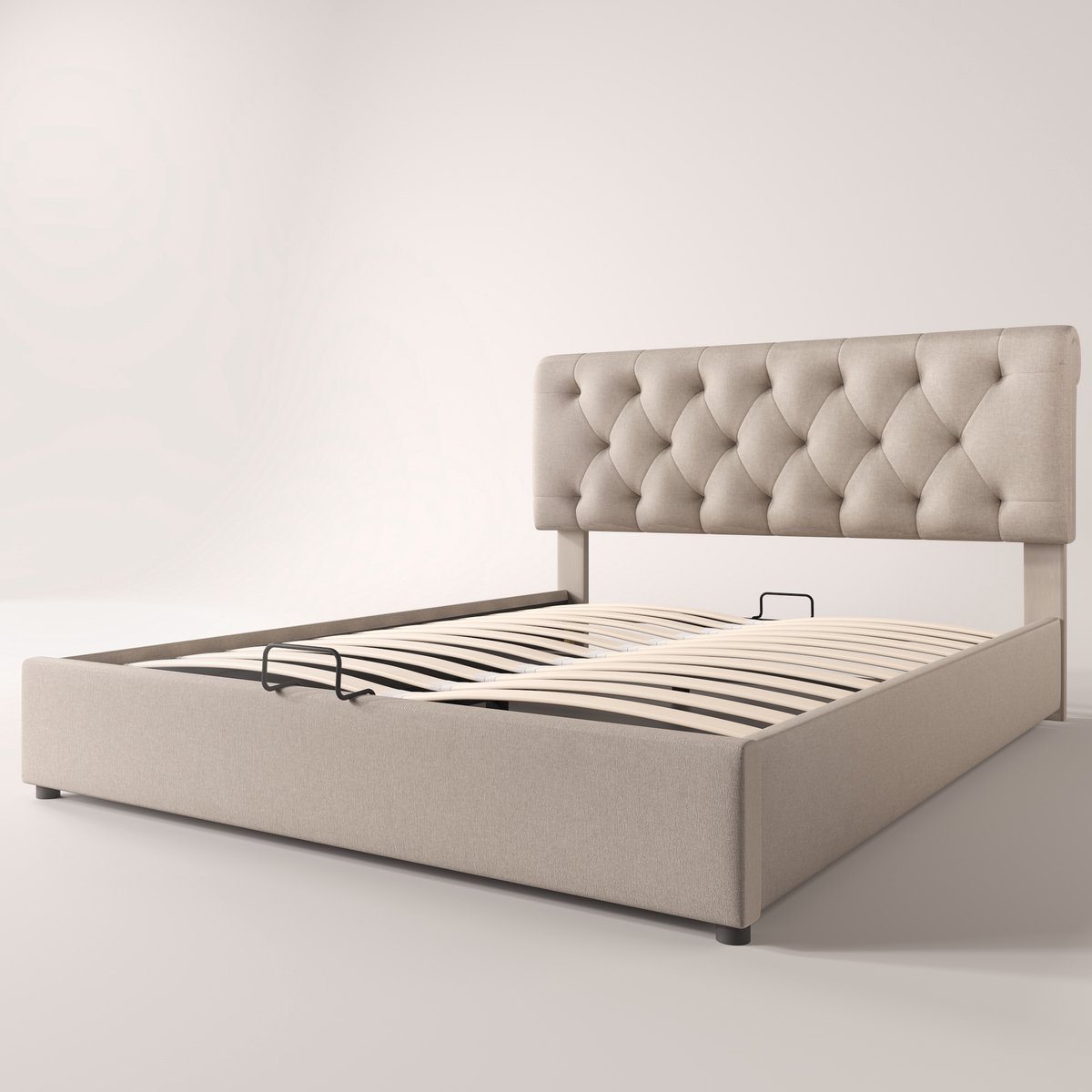 Merax hydraulisch tweepersoonsbed 140x200 cm – beige gestoffeerd bed met opbergruimte