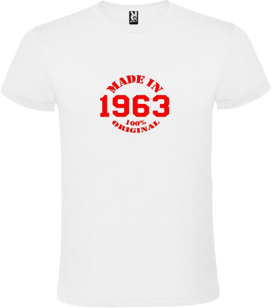 Wit T-Shirt met “Made in 1963 / 100% Original “ Afbeelding Rood Size M