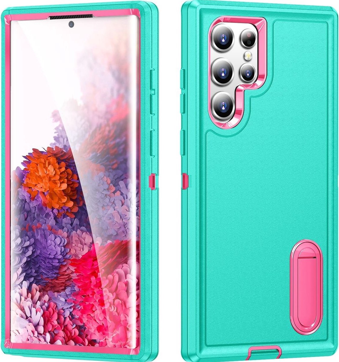 Mobigear Hoesje geschikt voor Samsung Galaxy S23 Ultra Telefoonhoesje Hardcase | Mobigear Rugged Stand Backcover Shockproof met Standaard | Schokbestendig Galaxy S23 Ultra Telefoonhoesje | Anti Shock Proof - Turquoise