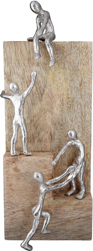 Mangohout sculptuur teamwork - 39 cm hoog - hot en aluminium - zilver