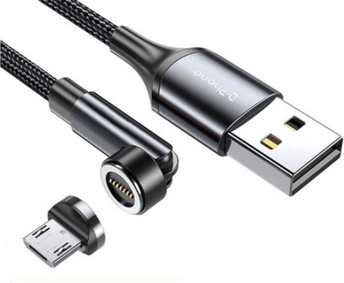 DrPhone iONIC – Magnetische Oplaadkabel 540° Roterend – 3A Fast Charge – Micro USB Kabel 2 Meter – 480Mbps Data Sync – Zwart