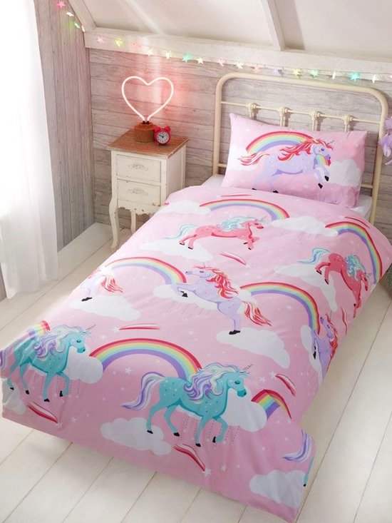 1-persoons meisjes dekbedovertrek (dekbed hoes) "my little unicorn" roze met eenhoorns (paard / pony) tussen de regenbogen (regenboog), wolken en sterren / sterretjes eenpersoons 140 x 200 cm (beddengoed kinderkamer / meisjes slaapkamer!)