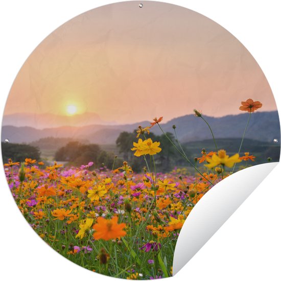 Garden Circle Fleurs - Coucher de Soleil - Berg - 60x60 cm - Affiche de Jardin Ronde - Extérieur